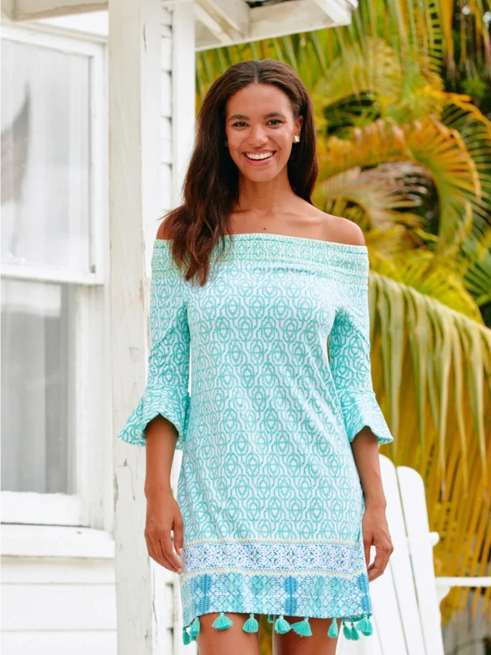 Cabana Life Off Shoulder Tassel Hem Dress NWT UPF 50+ Aqua Size Large - NWT